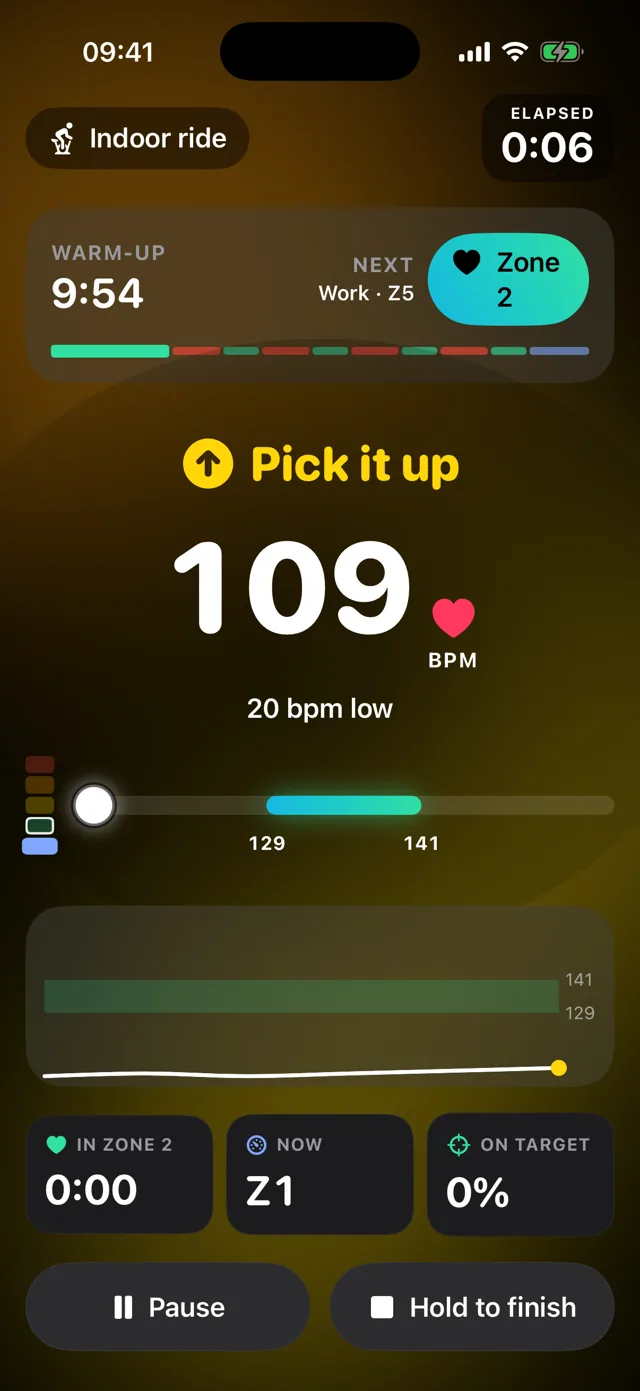 Interval workout screen with warm-up countdown and next step