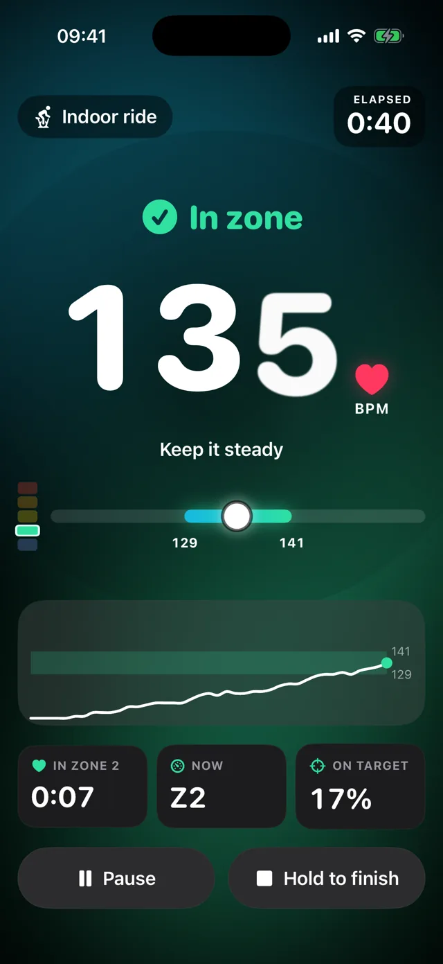 Zone2 Engine live workout screen: 135 bpm, In zone, Keep it steady, target band 129 to 141