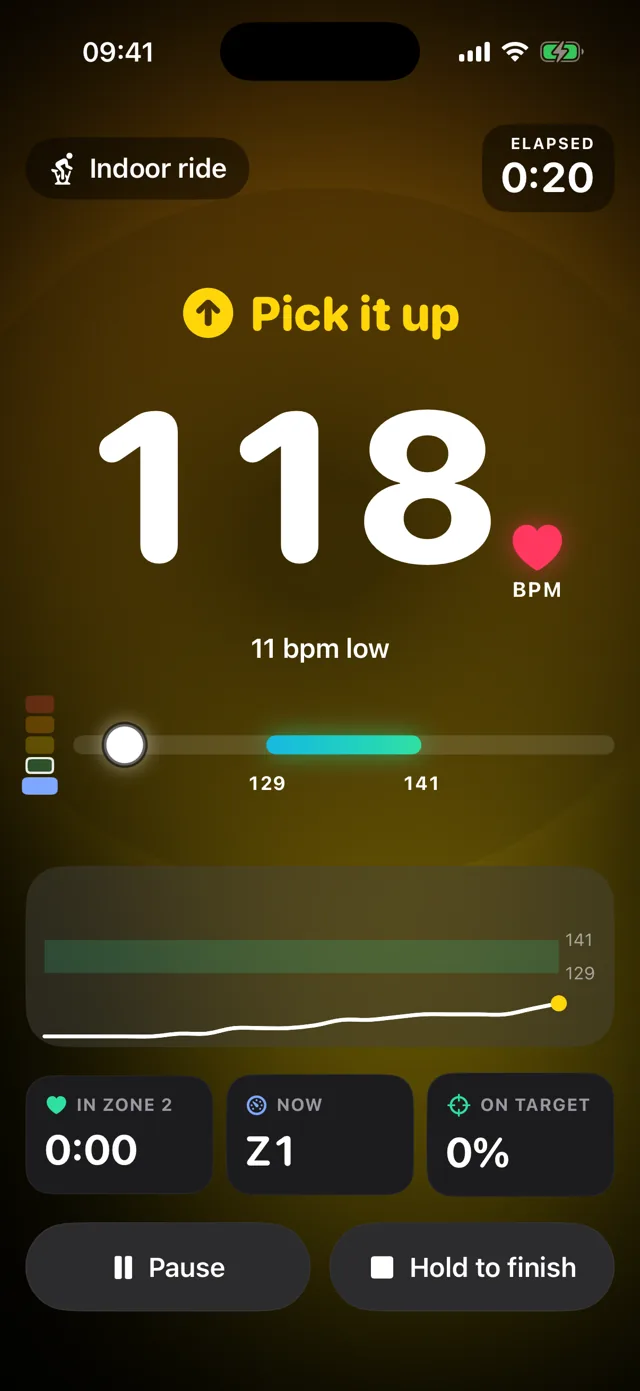 Live screen in amber: Pick it up, 118 bpm, 11 bpm low