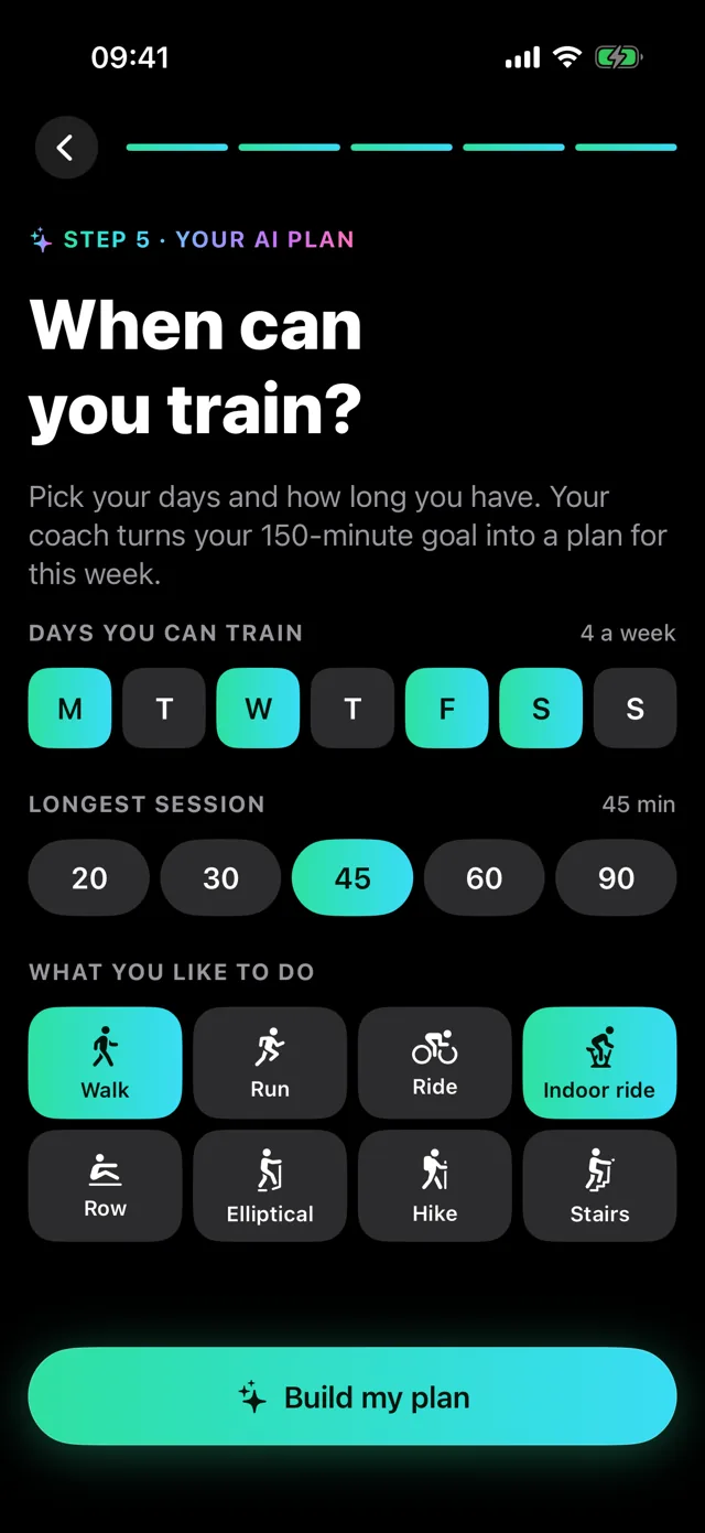 Plan setup: pick training days, longest session and favourite activities, then Build my plan