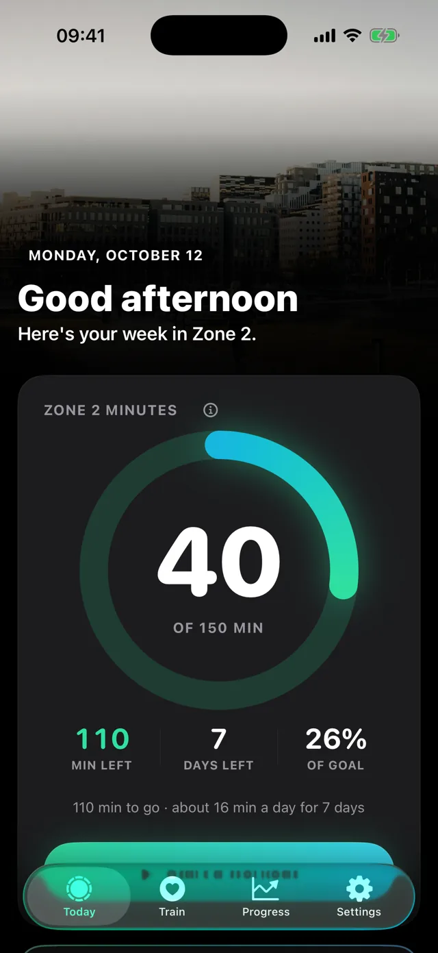 Today screen with weekly ring at 40 of 150 minutes