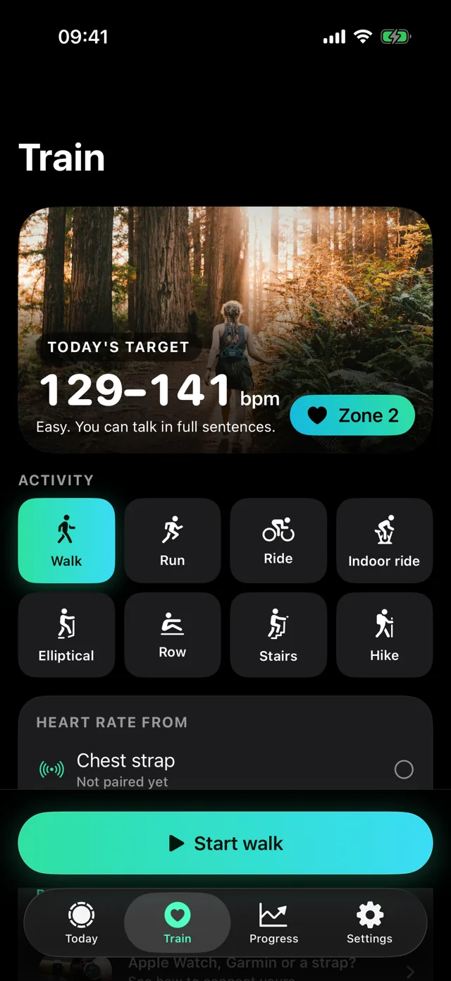 Train screen with today's target of 129 to 141 bpm and activity picker