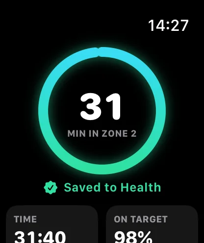 Watch summary: 31 minutes in Zone 2, saved to Health
